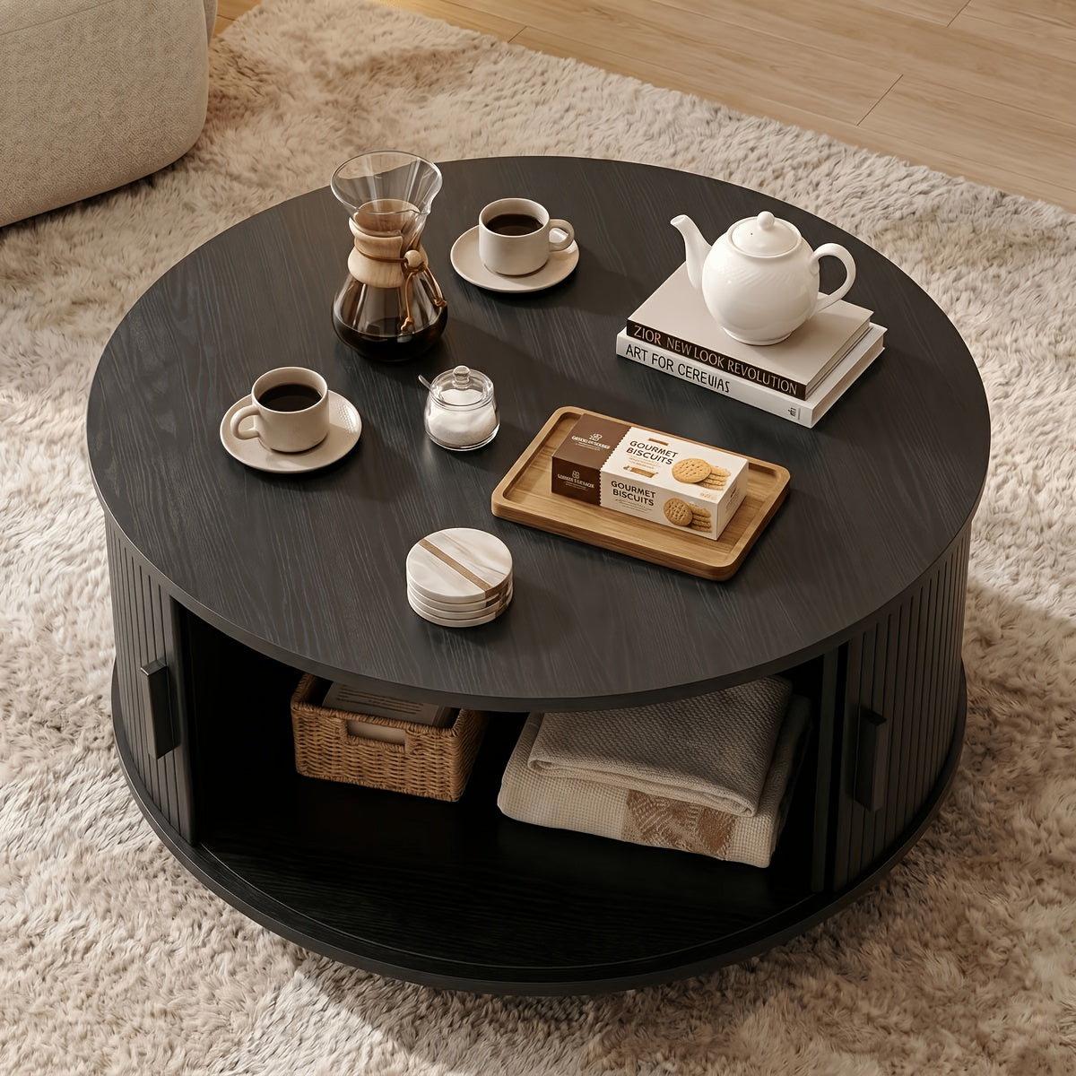 Round Coffee Table, 32-Inch Modern Wooden Center Table with Sliding-Door Storage for Living Rooms and Apartments