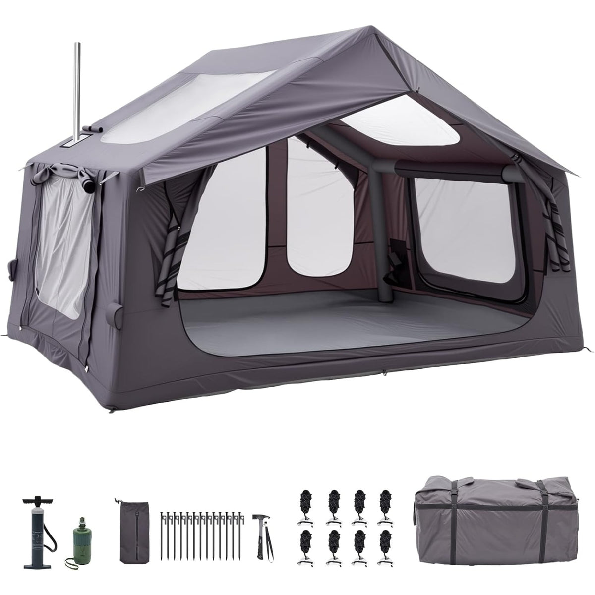 Inflatable Camping Tent, with Electric Air Pump, 4 Season Windproof, Clear Skylight & 420D Oxford, Air Tent with Mesh Windows/Doors