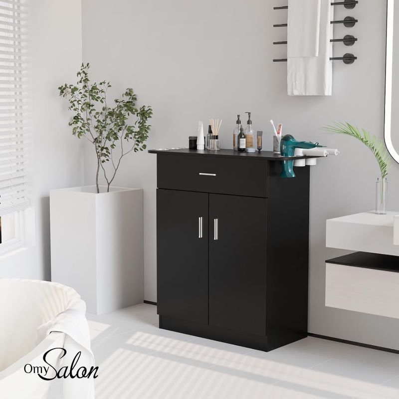 OmySalon Professional Salon & Spa Storage Station - Free Standing Barber Cabinet with Drawer, Large Storage Compartment, and 6 Hair Dryer Holders - Durable PVC, Hypoallergenic, Black