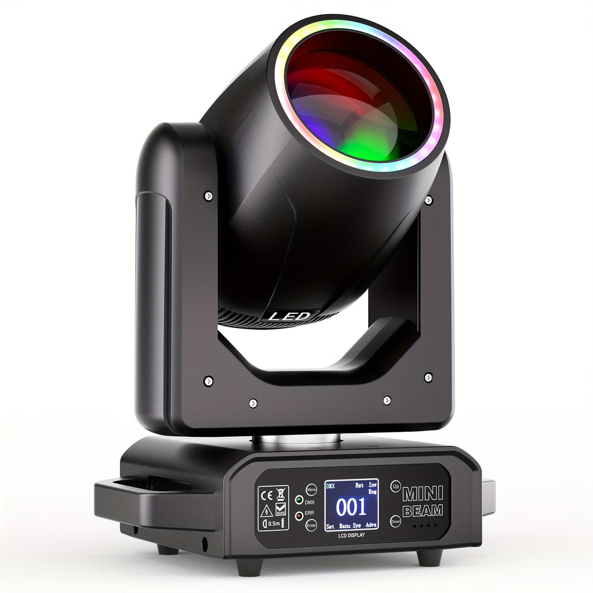 250W High-Power LED Moving Head Beam Light Featuring a 7+1 Color Wheel, 11+1 Gobo Wheel, And Rainbow Effect. Controlled Via DMX512, Auto, Master/Slave, Or Sound-Activated Modes. Ideal for Bars, Clubs, KTV, Birthday Parties, And More