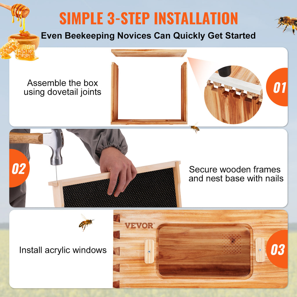 VEVOR Bee Hive 30 Frame / 40 Frame Bee Hives Starter Kit, Beeswax Coated Fir Wood, 2 Deep + 1 Medium / 2 Deep + 2 Medium Bee Boxes Langstroth Beehive Kit, Transparent Acrylic Windows with Foundations for Beginners Pro Beekeepers