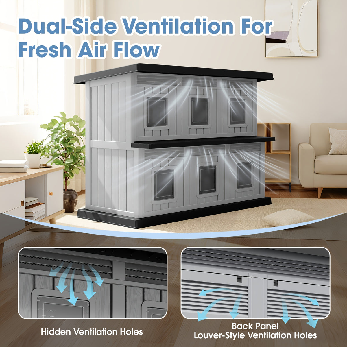 2-Tier Outdoor Cat House, Weatherproof Cat Shelter with 6 Doors & Ventilation, All-Weather Cat Apartment for Stray/Indoor Cats, Perfect for Backyard, Garden, Patio, 2 Colors Available, Grey-Black And Grey-Blue