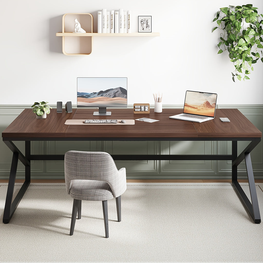[Extra Long Computer Desk] 70 Inch Extra Long Computer Desk, Industrial Metal Wood Home Office Desk, Large PC Laptop Table For 2 Person Executive Writing Work Study Gaming, Bedroom Living Room Dual Monitor Desk, Dark Gray