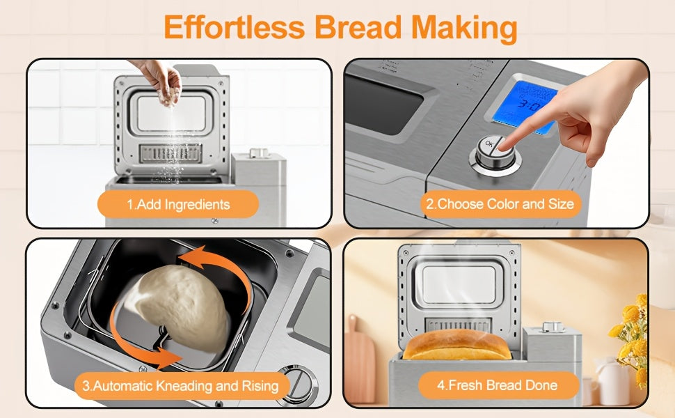25-in-1 Bread Maker, 2LB Bread Machine With Auto Fruit/Nut Dispenser, Gluten-Free Setting, 3 Loaf Sizes& 3 Crust Colors, Keep Warm&13H Delay Timer, Digital Display, Stainless Steel