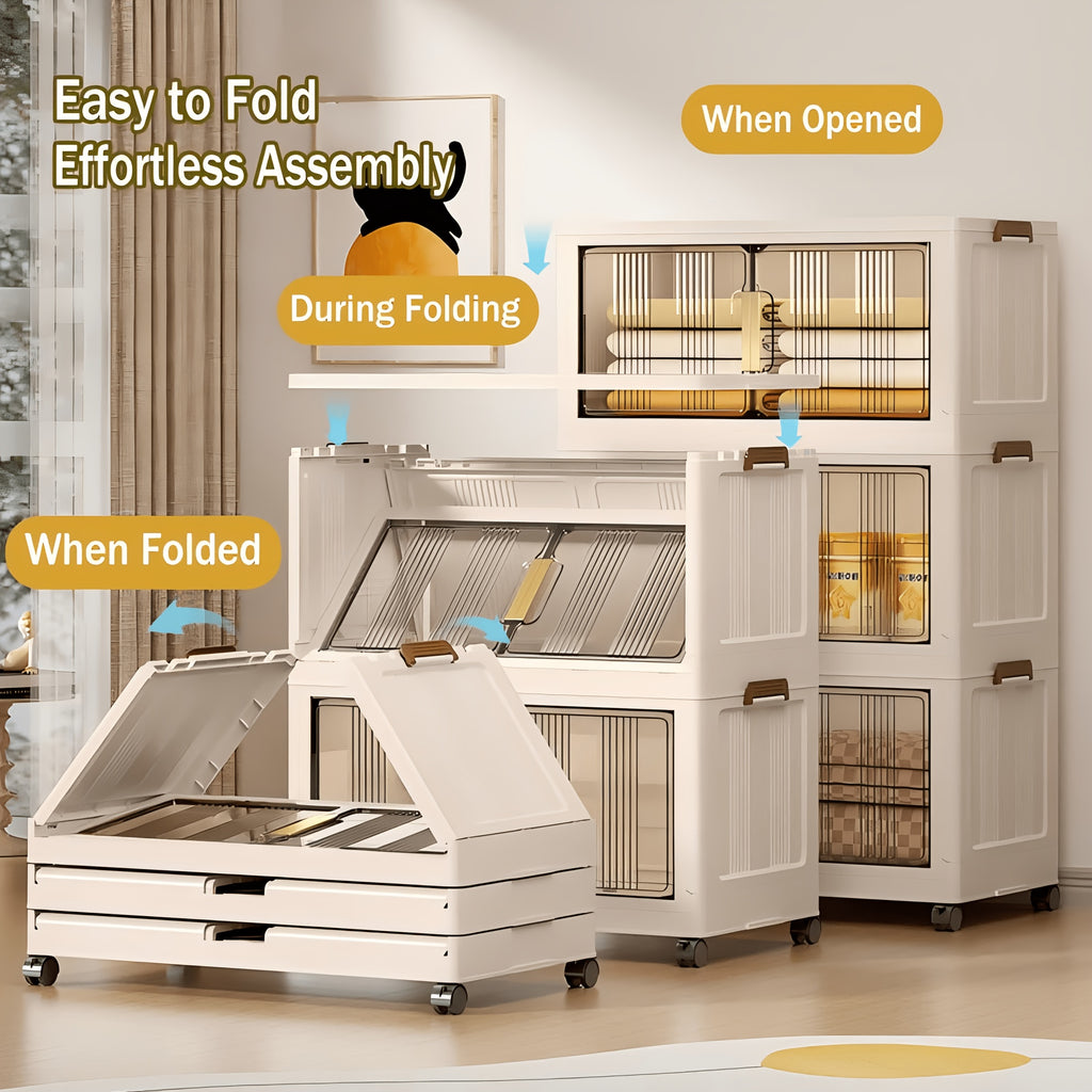 3/4/5-Tier Extra Large 34.7 Inch Plastic Storage Cabinet - Stackable Bins with Doors & Wheels, Foldable Space-Saving Organizer for Bedroom, Living Room, Kitchen, Office, Bathroom, Dorm, Home, And Outdoor Use