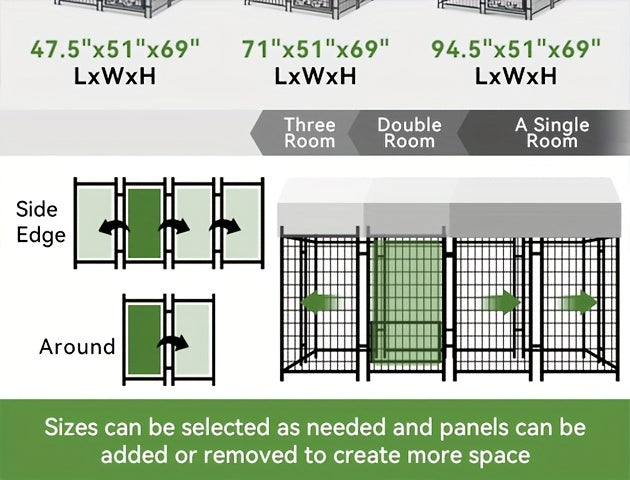 SNDM Outdoor Dog Kennel for Large Dogs, Heavy Duty Welded Wire Steel Dog Playpen Fence with Secure Lock, Dog Pen with Waterproof Roof Cover and 2 Rotating Dog Bowls for Small/Medium/Large Dogs