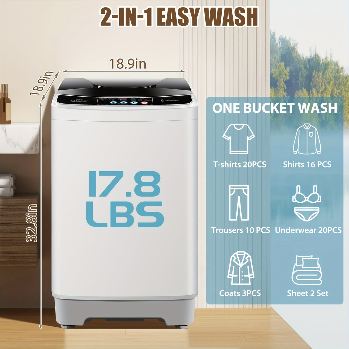 Portable Washing Machine 17.8Lbs/20Lbs Capacity, 2.4 Cu.Ft Full-Automatic Portable Washer Machine with 10 Programs And 8 Water Levels Selections, Low Noise, LED Display, Washing Machine for Apartment, Home, Dorms