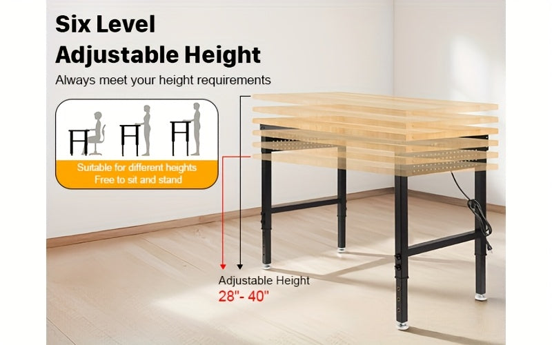 MUWOOD 48" 60" 96" Adjustable Workbench with Power Outlet, Heavy Duty Garage Table, 2000/5000 LBS Load, Pegboard & Thick Rubber Wood Top, Height Adjustable 28"-40" for Workshop, Home, Office