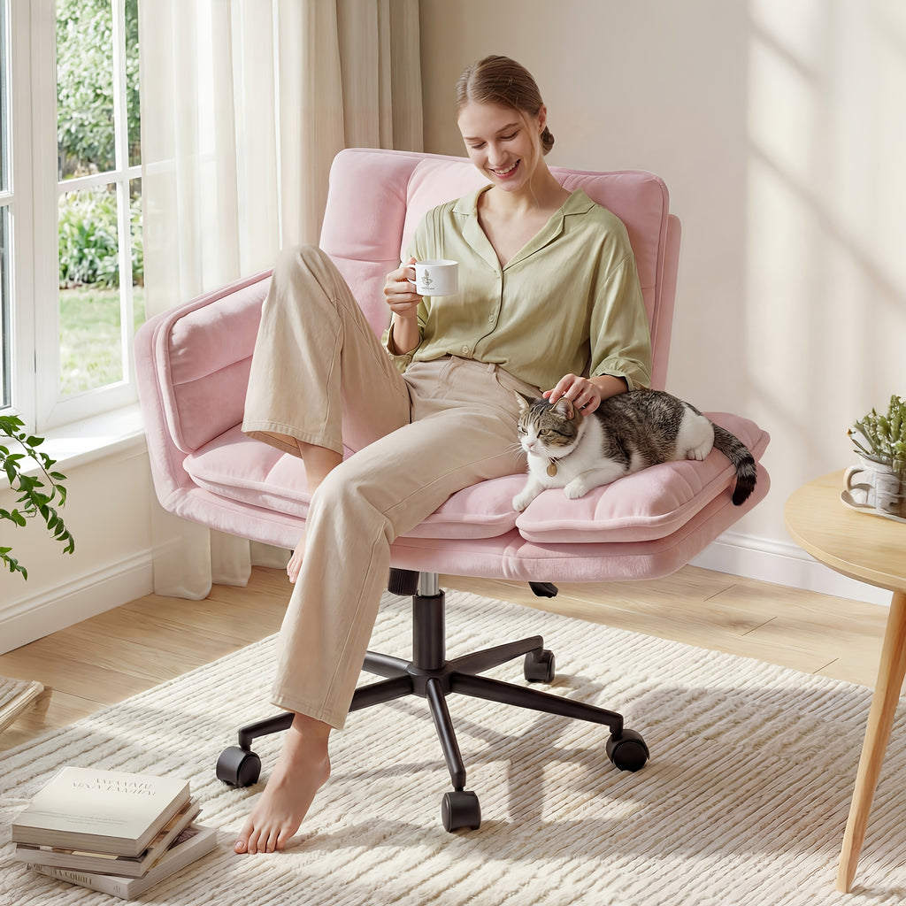 Modern Office Crossover Wheelchair, Luxurious Plush Vanity Chair with Wheels, Adjustable Armrests, Ergonomic Office Chair Suitable for Bedrooms, Computer Makeup Rooms, And Offices, Available in White, Black, Pink, And Gray, Stable And Durable