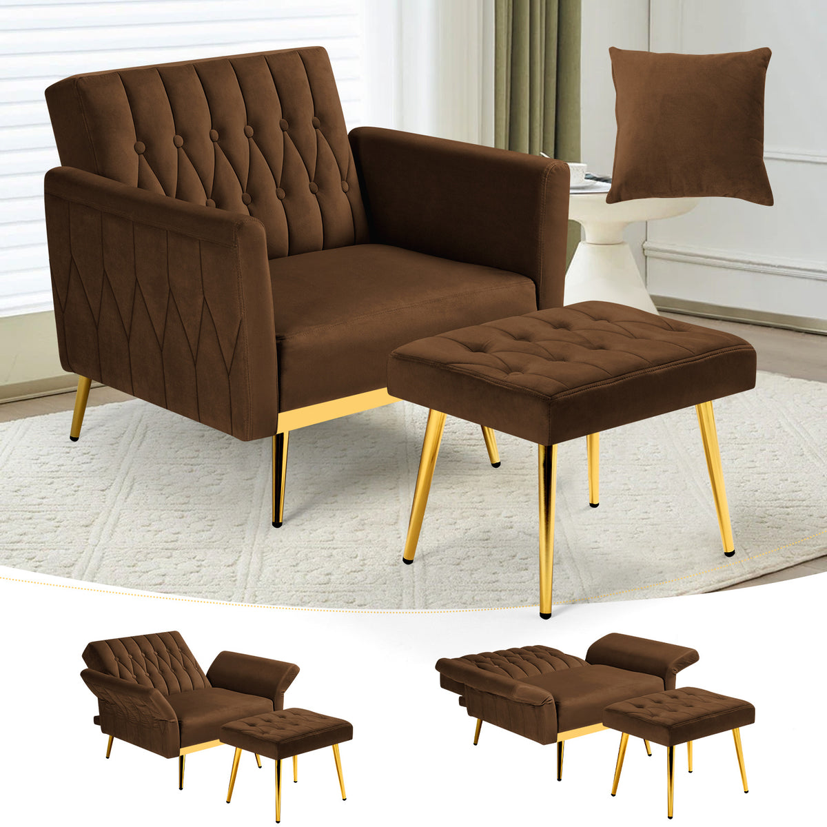 ACMEASE 31.5 Inch Velvet Adjustable Accent Chair with Ottoman & Pillow, Tufted Single Sofa Chair with Golden Metal Legs for Living Room