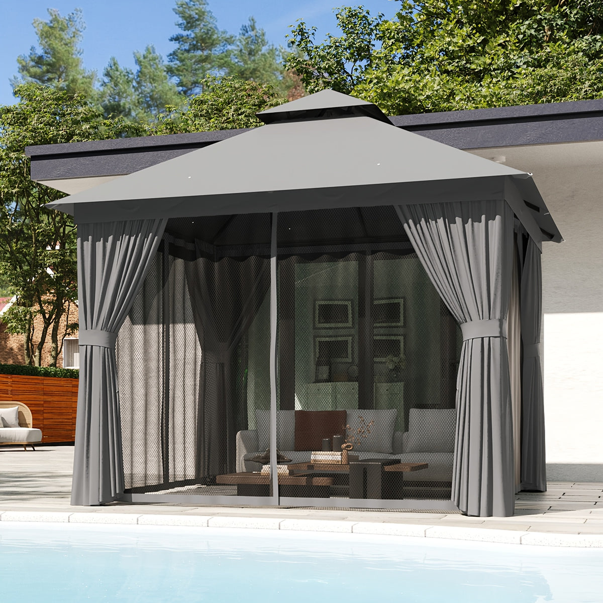 10'x12'/10'x10'/8'x8' Outdoor Gazebo & Pergola for Patio - Double Roof Steel Canopy with Mosquito Net And Privacy Screen, Heavy Duty Party Tent Shelter for Backyard, Lawn, Garden, All-Weather Gazebos with Patio Cover (Grey/Beige/Blue)