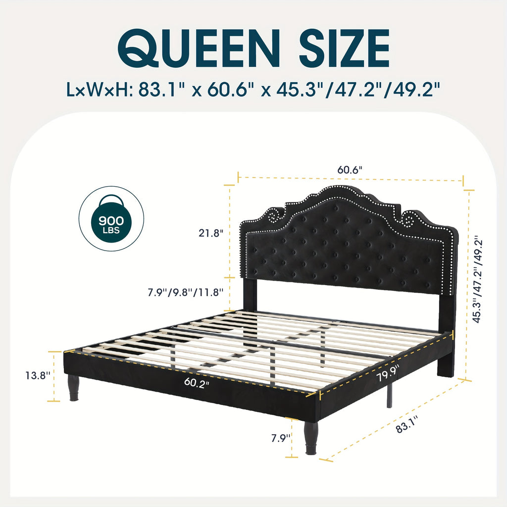 WEEWAY Full/Queen/King Bed Frame with Velvet Adjustable Tiara Curved Headboard And High Resilience, Upholstered Diamond Button Tufted Platform Bed with Wood Slats/No Box Spring Needed/Noise Free/Black/Dark Grey