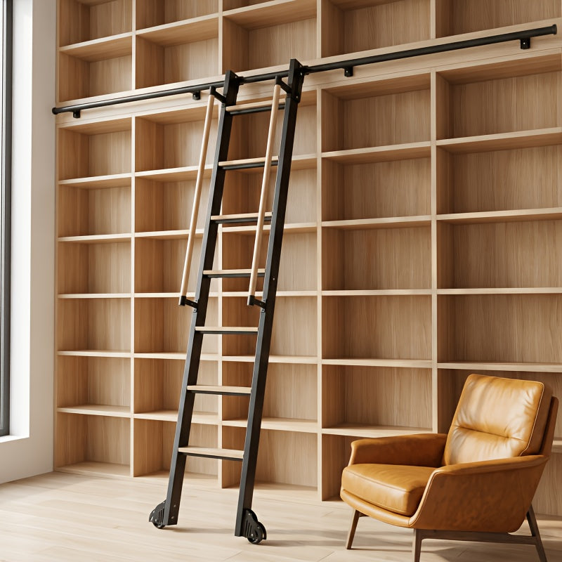 Rolling Library Ladder with 6.6' Slide Rails, 96' Roller Ladder with Wheels And Handrails, Space Saving Rail Mount Ladder for Bookshelf, Loft, Closet, Home