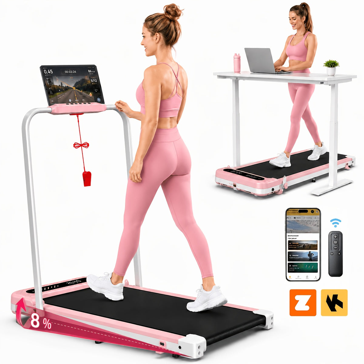Foldable Treadmill with Incline, 2-In-1 Portable Treadmills for Home Small Spaces, 350 Lbs Capacity Compact Under Desk Treadmill, LED Display & KINOMAP App, No Assembly Required, Space-Saving Design, Without Battery