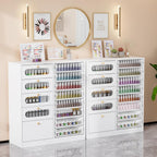 [Salon Organizer Cabinet] Nail Salon Organizer Cabinet, 32" L Floor Storage with 8 Clear & 4 Visual Drawers, Wooden Display for Polish & Powder, Beauty Salon Furniture