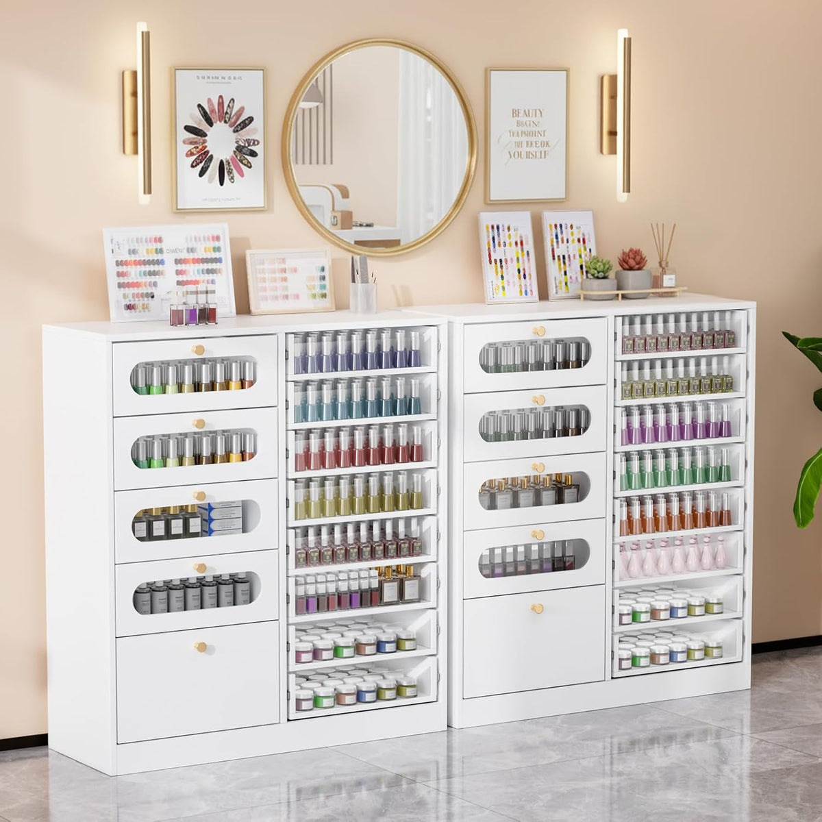 [Salon Organizer Cabinet] Nail Salon Organizer Cabinet, 32" L Floor Storage with 8 Clear & 4 Visual Drawers, Wooden Display for Polish & Powder, Beauty Salon Furniture