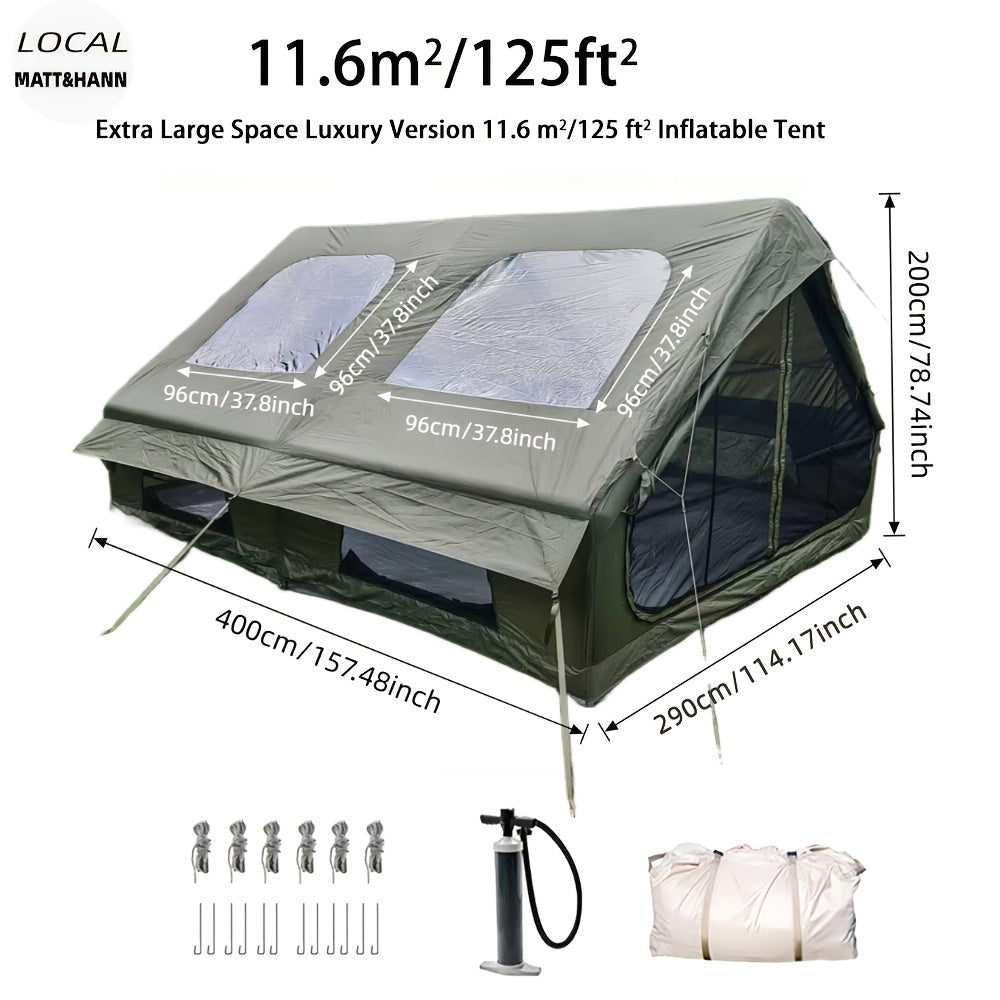 Inflatable Camping Tent（Optional: Skylight, Stove Jack） for 4-6 Person,4 Season Camping Tent, Large Luxury Air Tent with Manual Pump, Easy Setup Portable Glamping House, High Quality Windproof Family Outdoor Shelter Best Valentine's Day Gifts