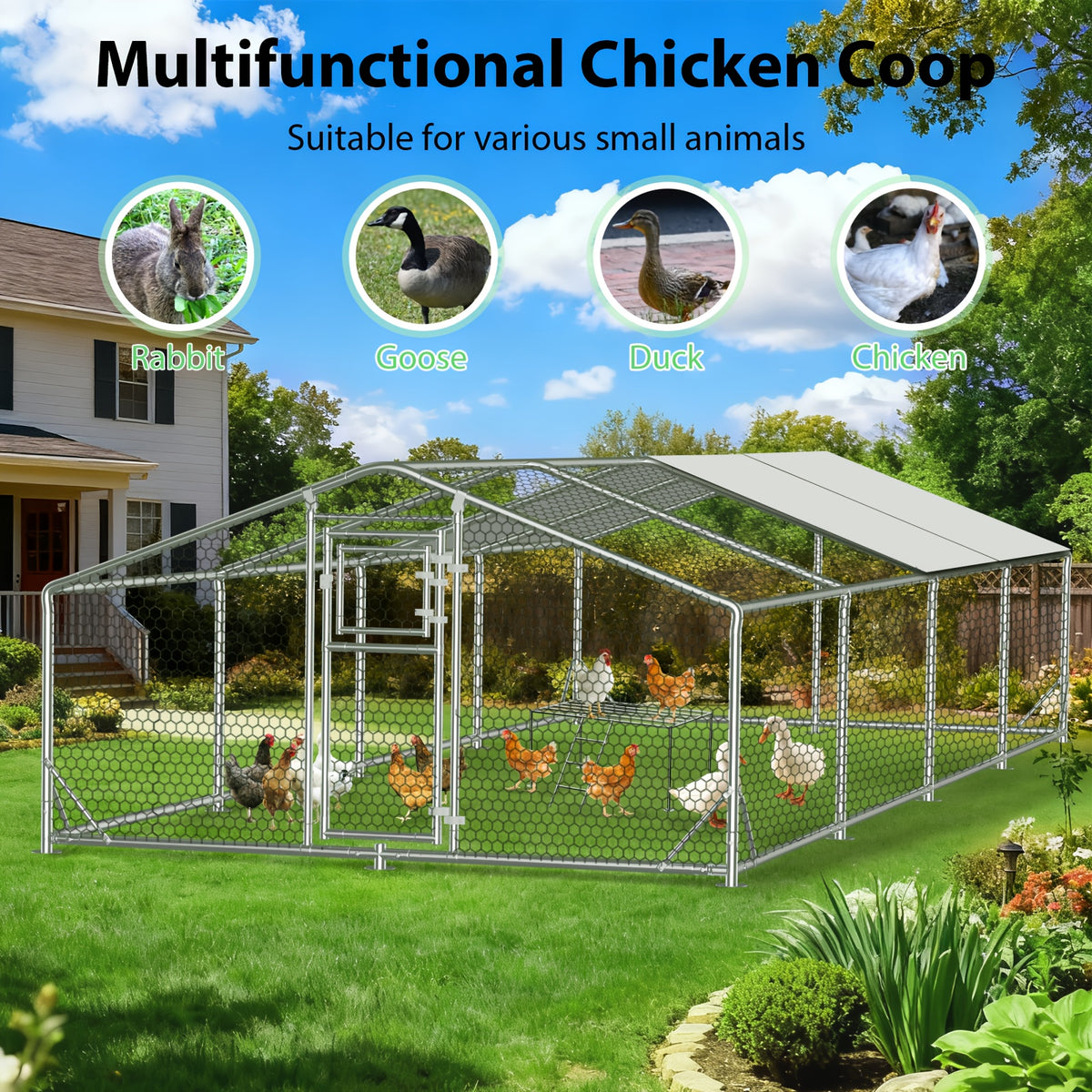 Large Metal Chicken Coop & Enclosure Kit, Featuring Climbing Perches, Wire Mesh Siding, And A Waterproof, UV-Resistant Canopy, Advanced Series Outdoor Walk-in Run, Suitable For Chickens, Ducks, Rabbits, And Dogs