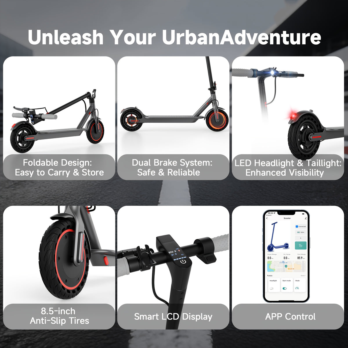 Smart APP Controlled Adult Foldable E-Scooter, 350W Motor, Long Range, 8.5" Anti-Slip Solid Tires, Clear LCD Dashboard, 3 Speed Settings, Dual Brakes, LED Front & Rear Lights, Built-in Bell, Durable Aluminum Alloy Frame, 265 LBS Weight Capacity