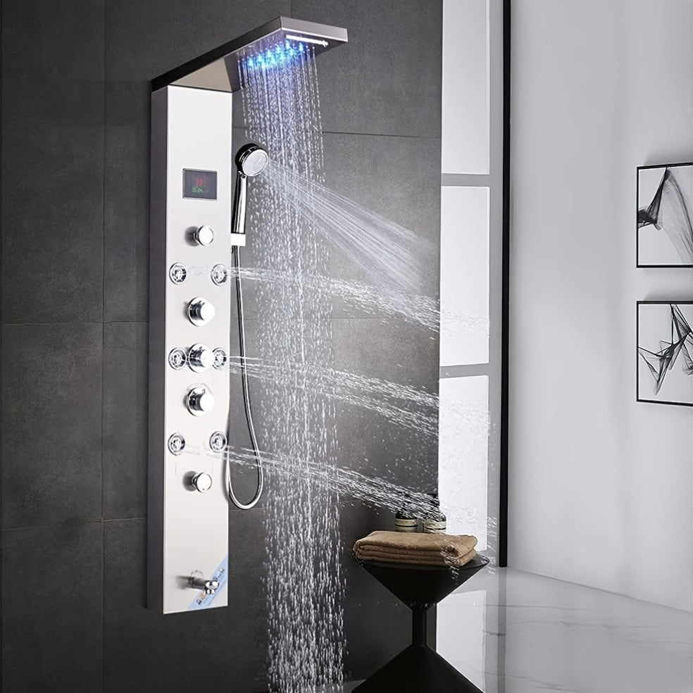 [Shower Panel Tower System] Shower Panel Tower System, Stainless Steel 6-Function Faucet LED Rainfall Waterfall Shower Head Handheld Sprayer Rain Massage Body Jets Tub Spout, Brushed Nickel, Shower System, Bathroom Decor And Accessories