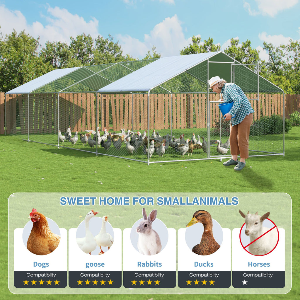 Walk-In Chicken Run with Feeding Port and UV-Resistant Cover, Galvanized Outdoor Poultry Enclosure