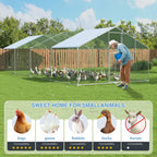 Walk-In Chicken Run with Feeding Port and UV-Resistant Cover, Galvanized Outdoor Poultry Enclosure