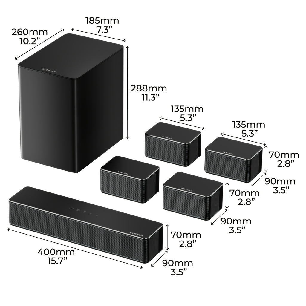 ULTIMEA 410W, 7.1ch Soundbar with Wireless Subwoofer, Virtual Surround Sound System for TV, App Control, Sound Bar for TV, 4 Wired Surround Speakers, Home Theater Sound System