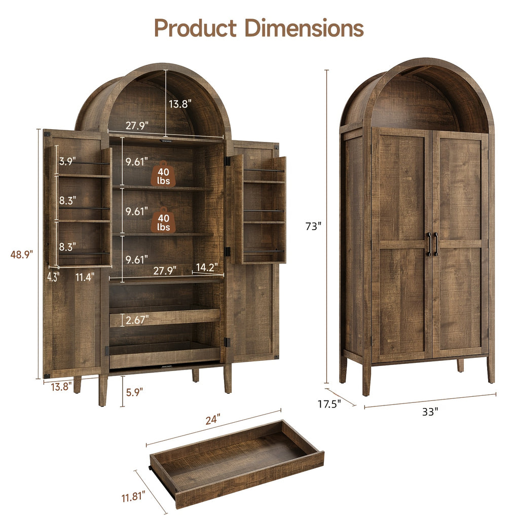 PAZCASA 71" Tall Arched Kitchen Pantry, Storage Cabinet with 2 Pull-Out Shelves, 6 Door Shelves, Organizer, Freestanding Modern Versatile Cupboard for Kitchen, Dining Room, Black/Natural