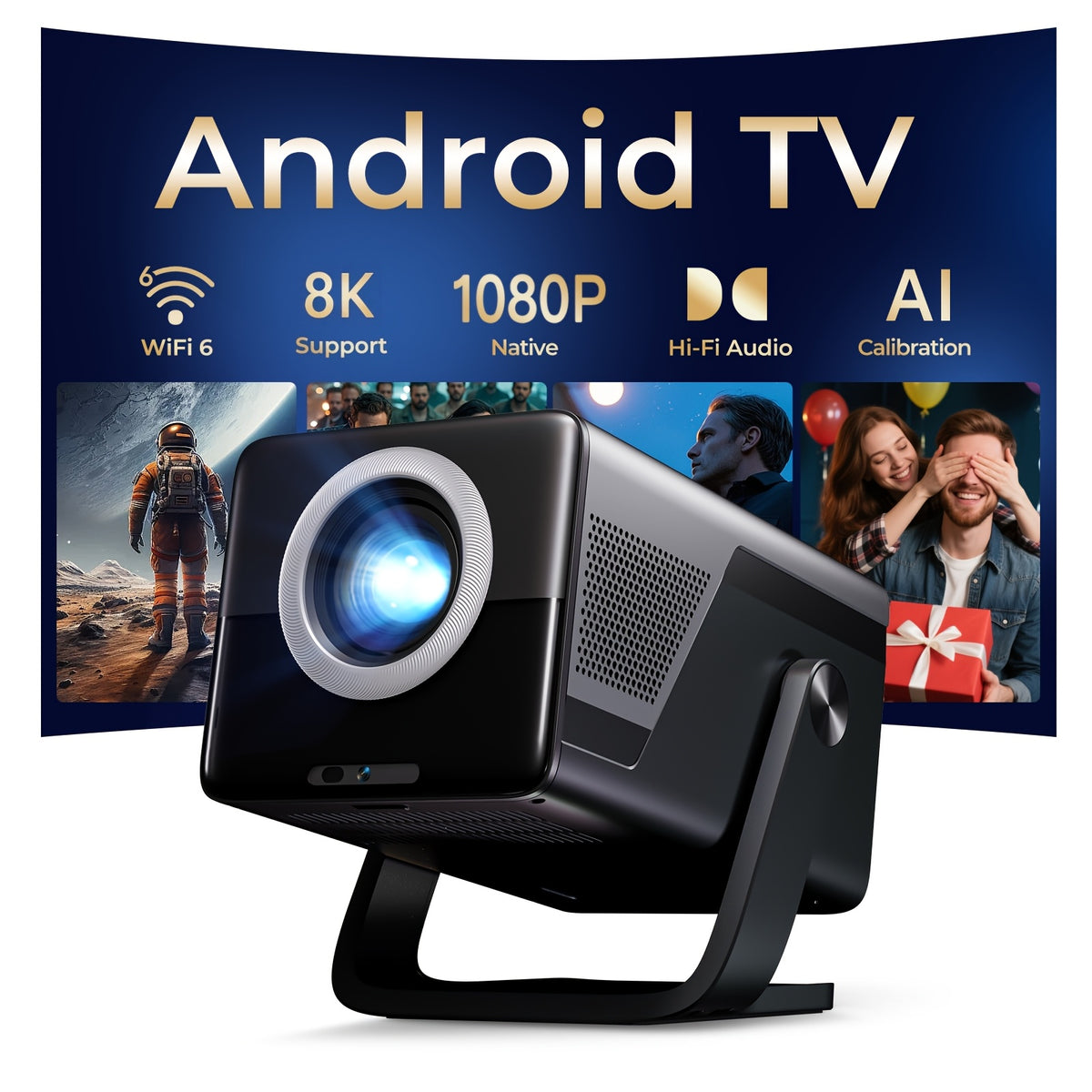 Smart Projector 8K Support Native 1080P, FHD Portable Projector, 5G WiFi And Bt5.4, Auto Focus & Keystone, 1400ANSI, Android 14, Compatible with PS5, Smartphones And Laptops, Perfect Gift!