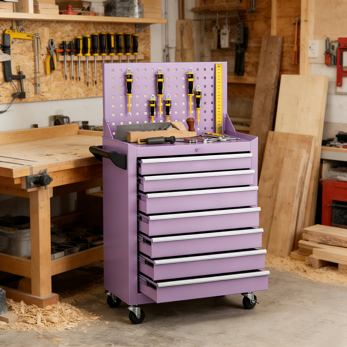 [Rolling Tool Chest] 7-Drawers Rolling Tool Chest Cabinet with Wheels - Keyed Locking System, Non-Slip Mat for Garage Warehouse Workshop
