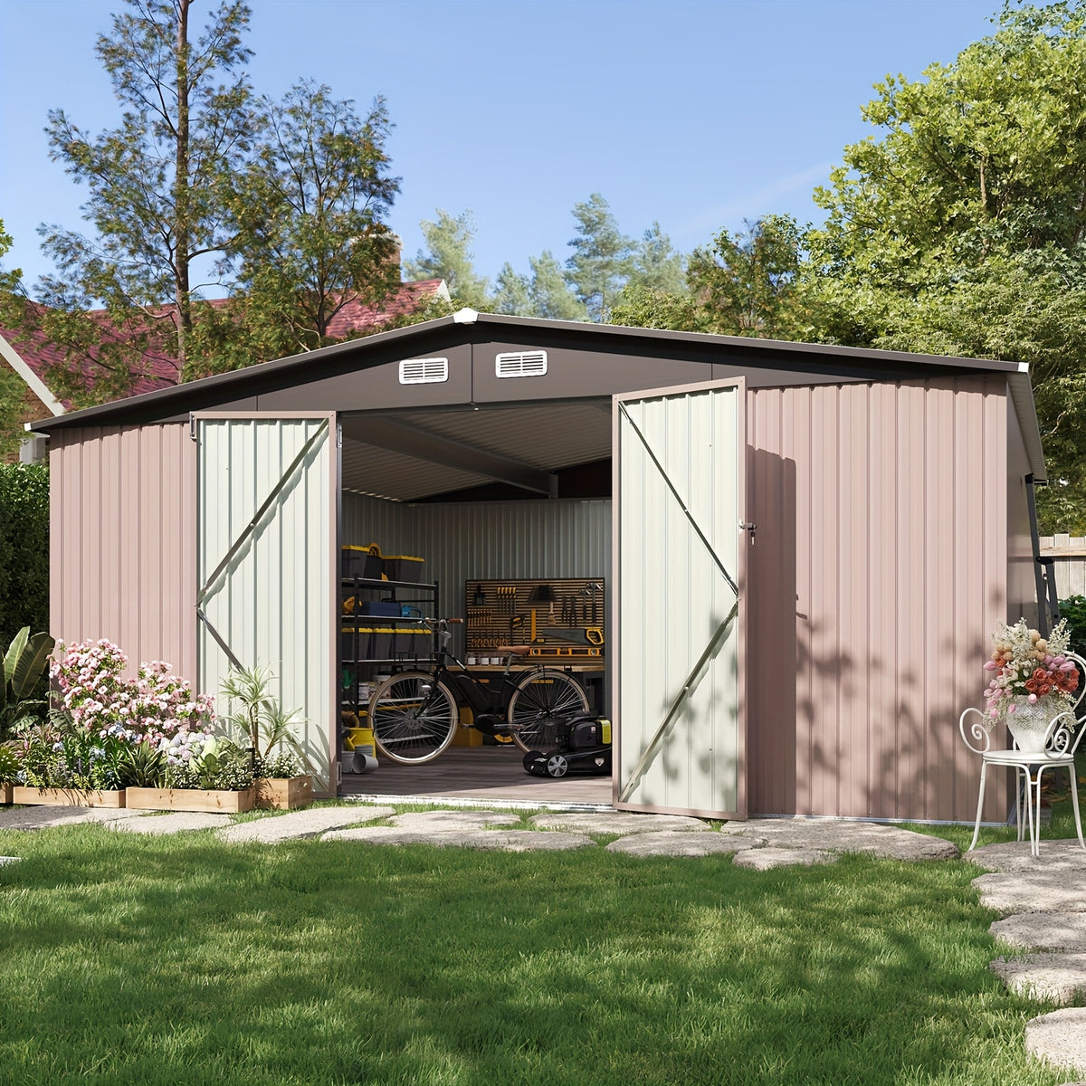 12x20x9.3/12x14/6x4ft Metal Storage Shed - Outdoor Garden Shed Kit, Lockable Tool Shed, Backyard Shed with Double Hinged Doors, 4 Windows, Carport for Car, Truck, Bike and Lawn Mower & Equipment, Brown