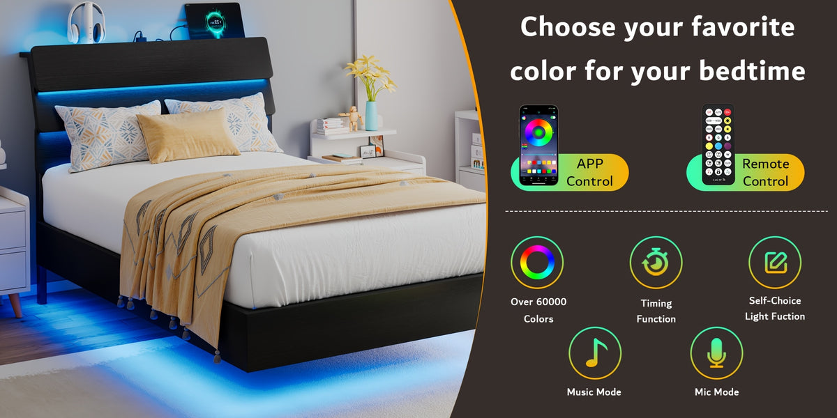 Valnase Floating Bed Frame with LED Lights & Charging Station, Platform Bed with Wooden Storage Headboard, Steel Slats Support, Easy Assembly