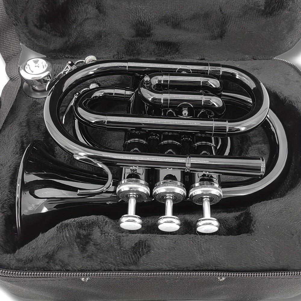 WUQIMUSC Bb Pocket Trumpet Nickel Plated, Brass Beginner Trumpet with 7C Mouthpiece, Case, Cleaning Kit & Gloves Musical Instruments Gift