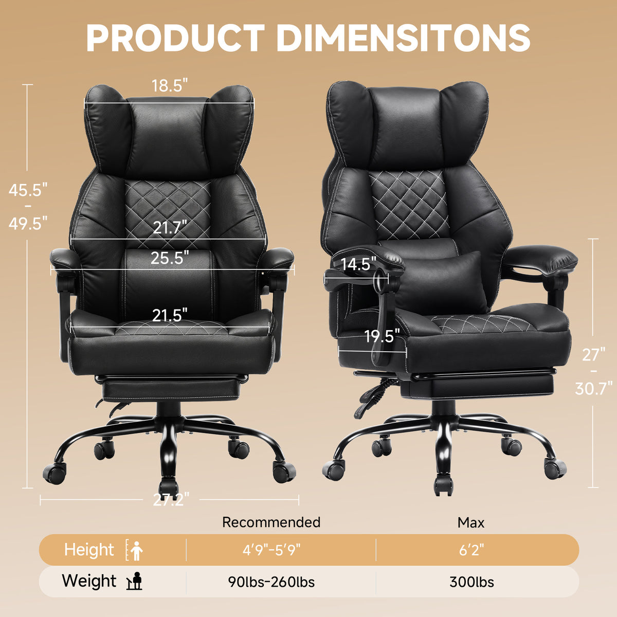 Ergonomic High Back Office Chair with Linkage Widened Armrest, Big&Tall Executive Office Chair, Gaming Chair, Thick Pocket Spring Wide Seated Cushion, Desk Chair with Retractable Footrest for Adults, Faux Leather/Corduroy/Fabric, OC-305