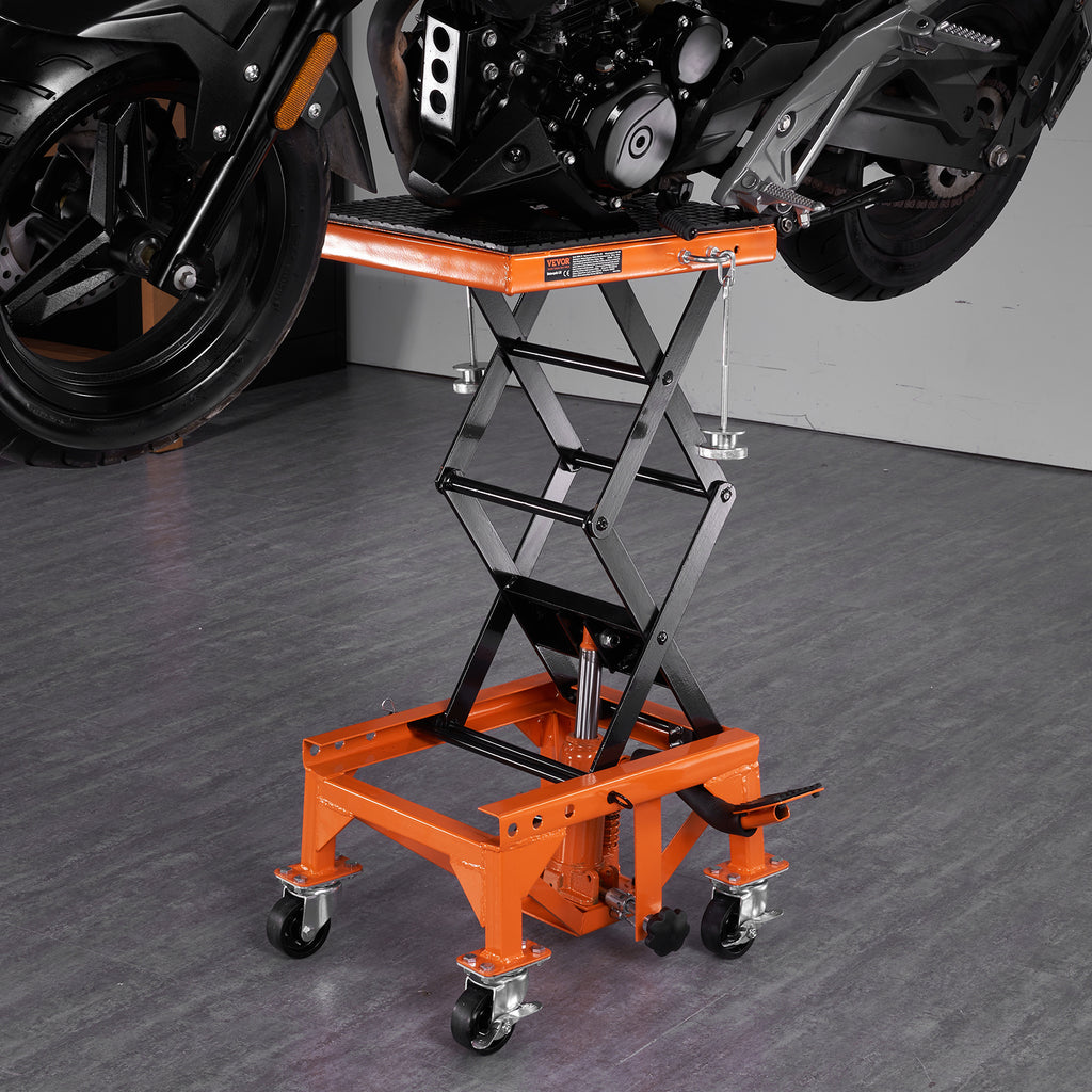 VEVOR Hydraulic Motorcycle Lift Table, 350 LBS Capacity Motorcycle Scissor Jack Lift with Wide Deck, J-hooks, 4 Wheels, Hydraulic Foot-Operated Jack Stand for ATV Dirt Bikes