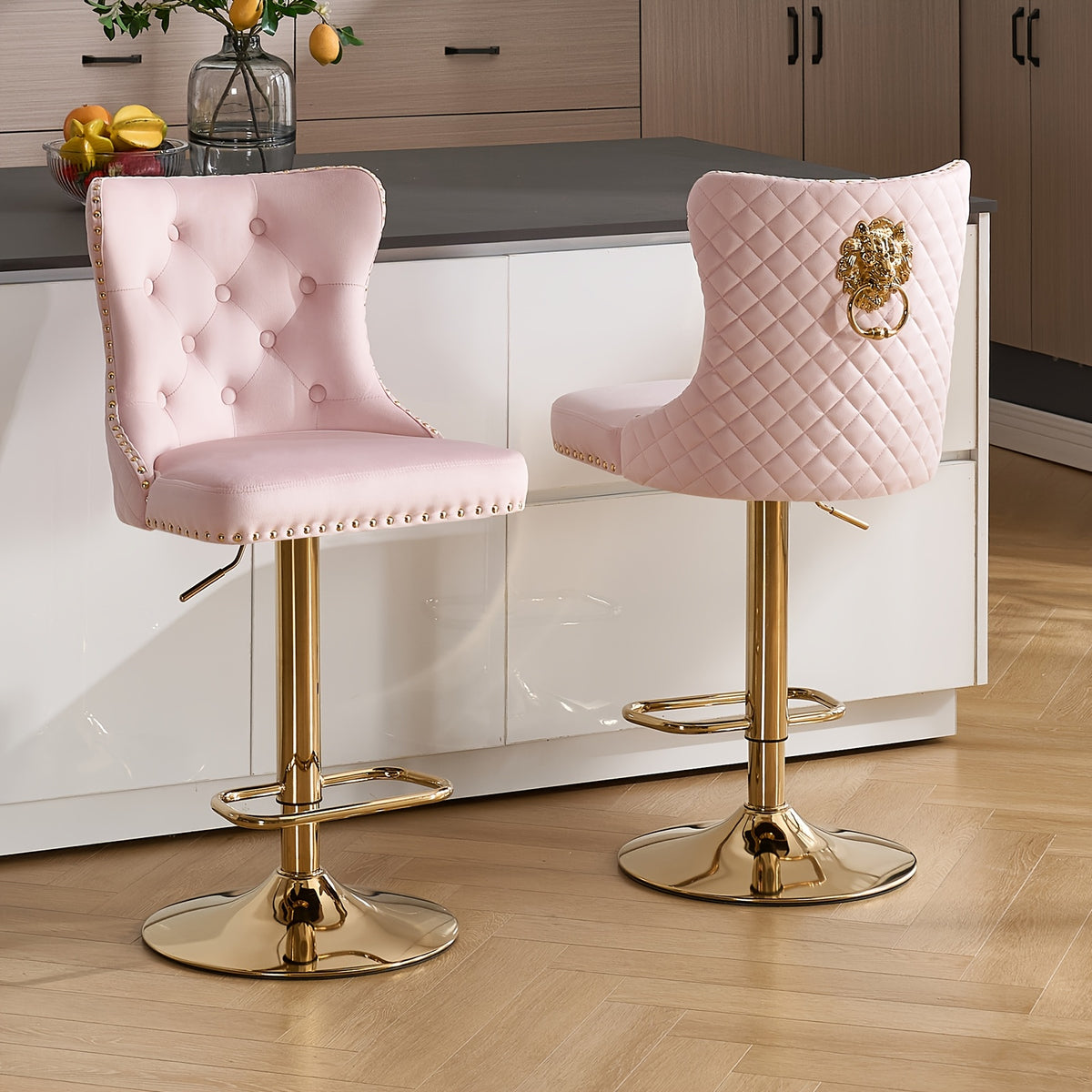 DMKAI Golden Lion Head Velvet Bar Stools Set Of 2, Luxury Diamond Tufted High Back, Adjustable Height 360° Swivel with Golden Base for Kitchen Island Home Bar