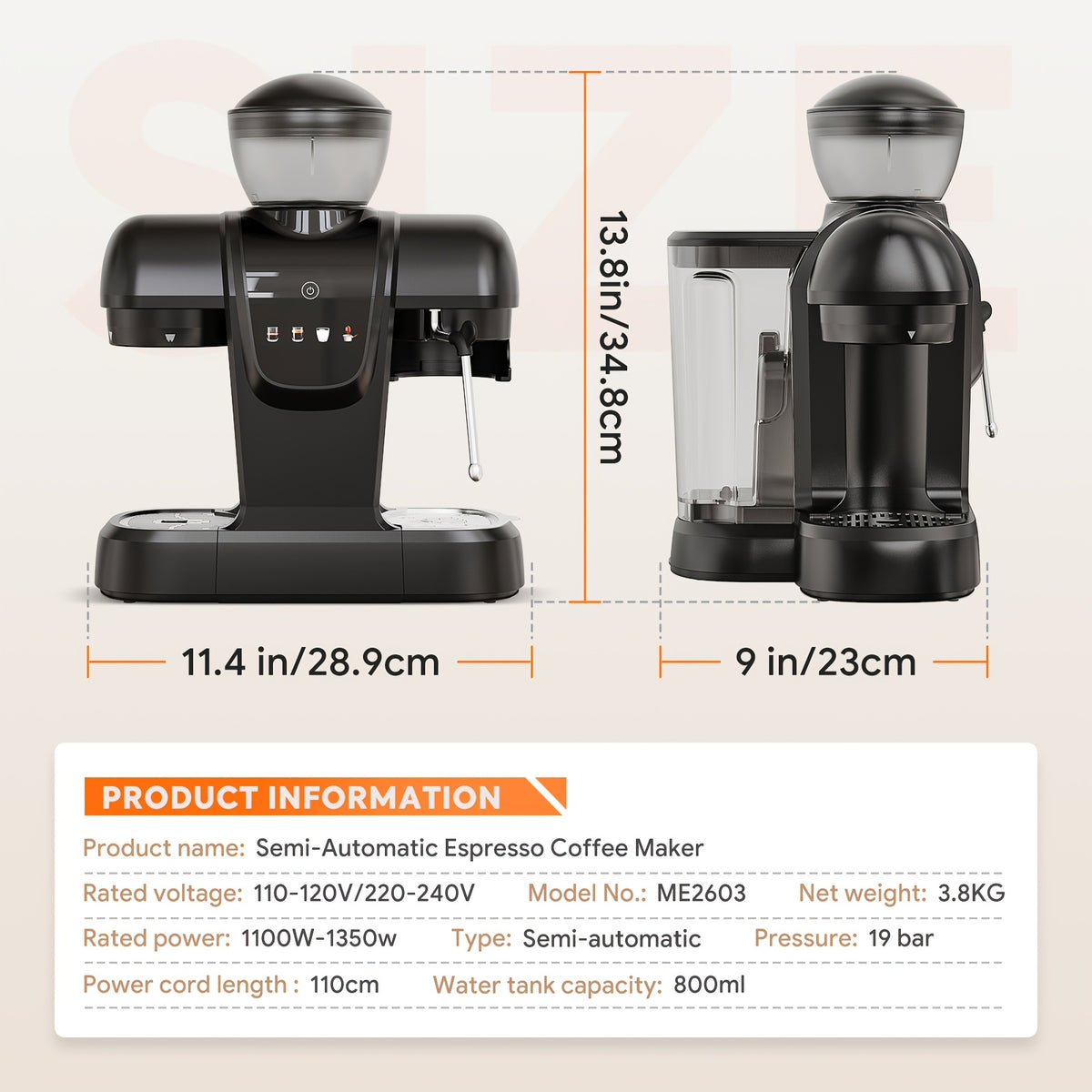 [Italian Espresso Machine] 19Bar Italian Espresso Machine Featuring a Conical Burr Grinder, a Steam Wand for Frothing Milk, 0.8L Water Reservoir, And a Dual Boiler Heating System, Capable of Preparing Cappuccinos, Lattes, Iced Coffee, And Americanos
