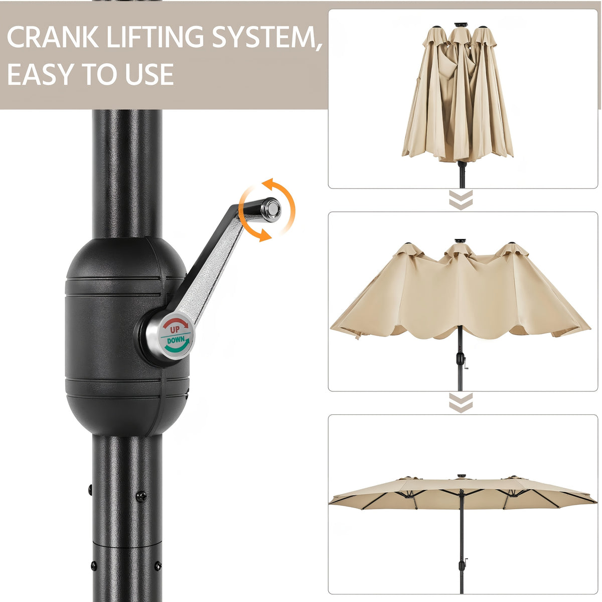 13-foot Double-sided Patio Umbrella with Solar Lights, Includes Base Stand, Large Outdoor Patio Umbrella with Crank Handle, Oversized Outdoor Market Umbrella, 12 Heavy-duty Ribs, Suitable for Outdoor, Market, Patio, Deck, Pool, Backyard, and Other