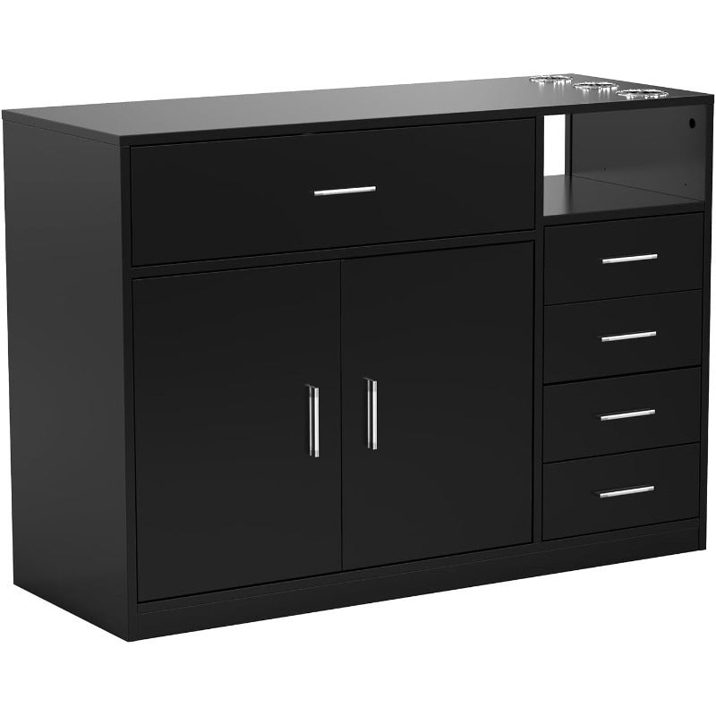OmySalon Free Standing Barber Station Cabinet with 5 Drawers & Storage Cabinet, 3 Hair Dryer Holders, Heavy-Duty Construction - Modern Black Salon Furniture with Golden-Toned Hardware, Space-Saving Design for Hair Salons, Barber Shops, Spa & Home - Easy A