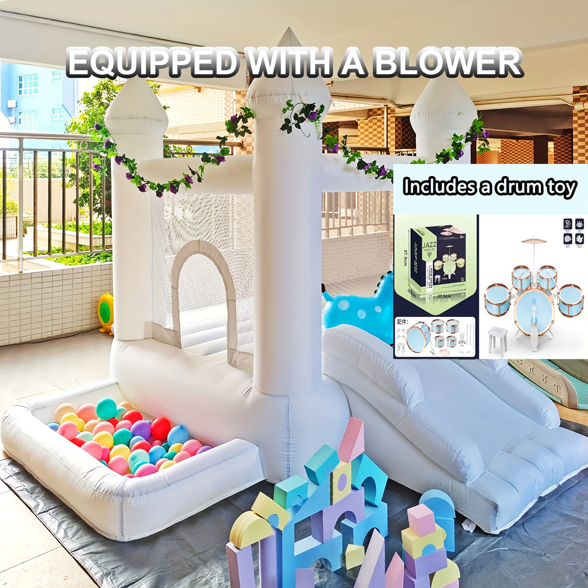 White Inflatable Castle, Suitable For Both Indoor And Outdoor Use, Equipped With A Blower, Ball Pit And Slide, Easy To Install, Suitable For Various Activities And Birthday Parties, Can Play For 2-3 Children.