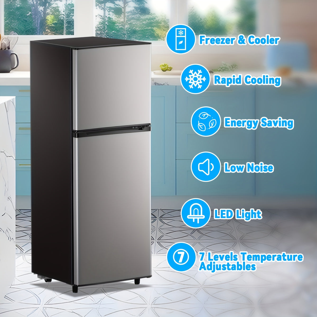 [Large Capacity Fridge] 2.4/5.5 Cu.Ft. Refrigerator with Freezer, Double Door Fridge, Adjustable Thermostat, Large Capacity, Refrigerator for Apartment, Office, Dorm, Home, Silvery