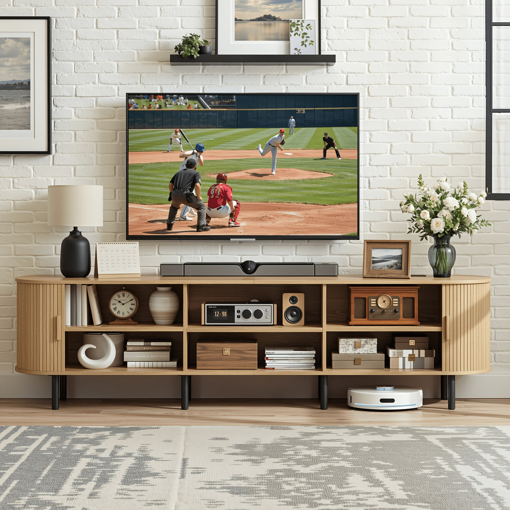 PAZCASA Wide Large TV Stand, Available in 86-inch/70.8-inch/55-inch Sizes, with Power Outlets, Suitable for 90-inch TVs. Sturdy and Durable Entertainment Center Featuring Adjustable Shelves, Sliding Doors, and Ample Storage Space. Modern Media