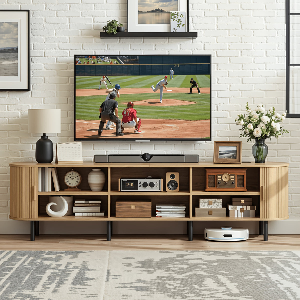 PAZCASA Wide Large TV Stand, Available in 86-inch/70.8-inch/55-inch Sizes, with Power Outlets, Suitable for 90-inch TVs. Sturdy and Durable Entertainment Center Featuring Adjustable Shelves, Sliding Doors, and Ample Storage Space. Modern Media