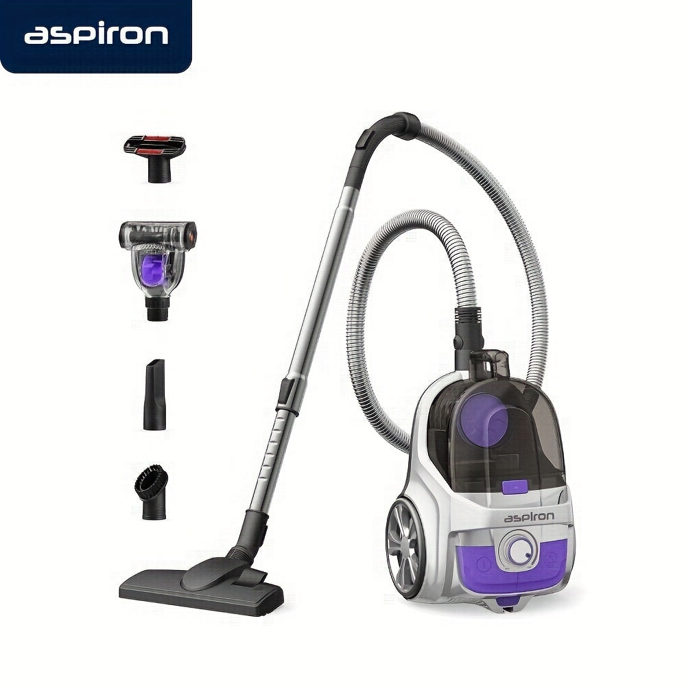 [Lightweight HEPA Vacuum] Aspiron 1200W Bagless Canister Vacuum Cleaner, Lightweight with HEPA Filter, 3.7QT Capacity, Automatic Cord Rewind, 5 Attachments, Ideal for Pet Hair, Hard Floors, and Carpets AS-CA006