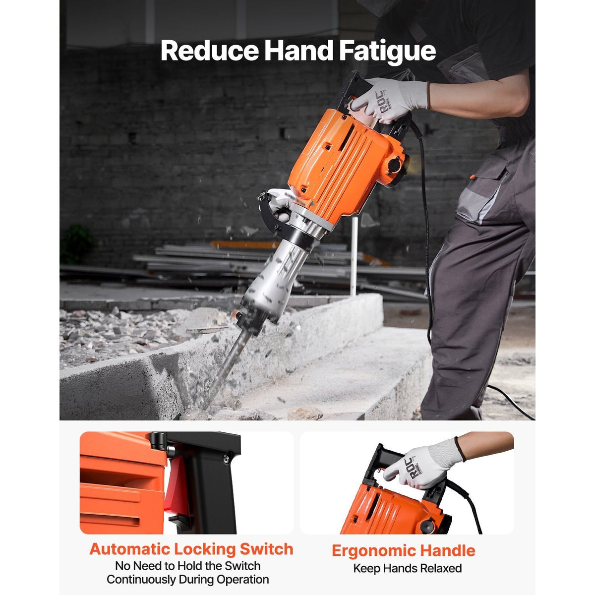 VEVOR Demolition Jack Hammer, 2200W Electric Jackhammer Heavy Duty, 1350 BPM Concrete Breaker, 2pcs Chisels Bit Chipping with Case