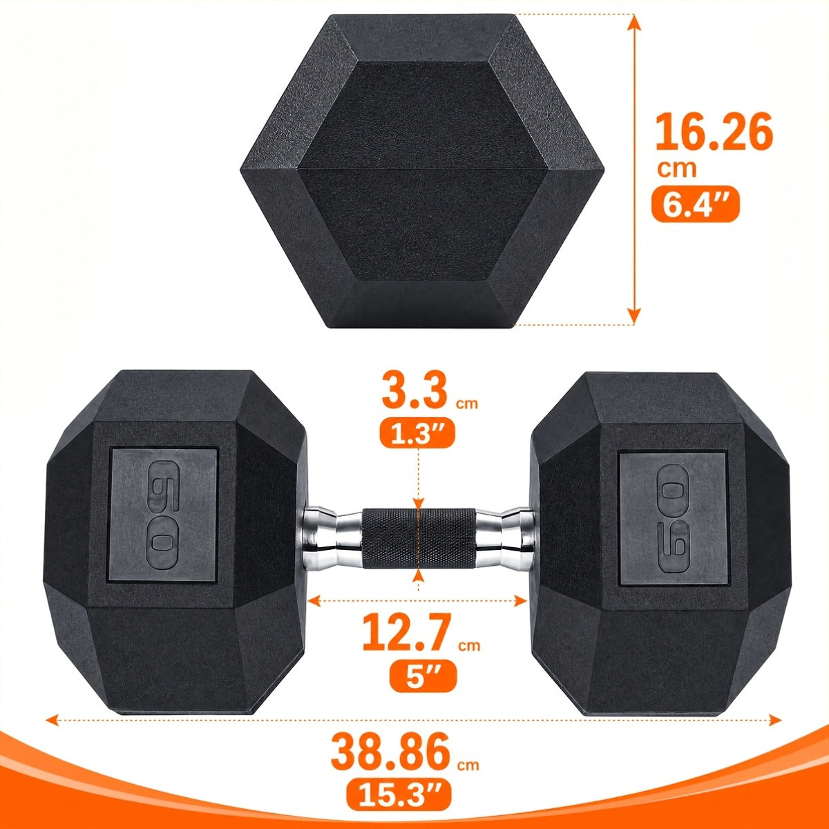 2pcs 60lb/65lb/70lb/75lb Hexagon Rubber Coated Cast Iron Dumbbells, Anti-Slip Grip, Rubber Grip Dumbbells, Rubber Coated Cast Iron