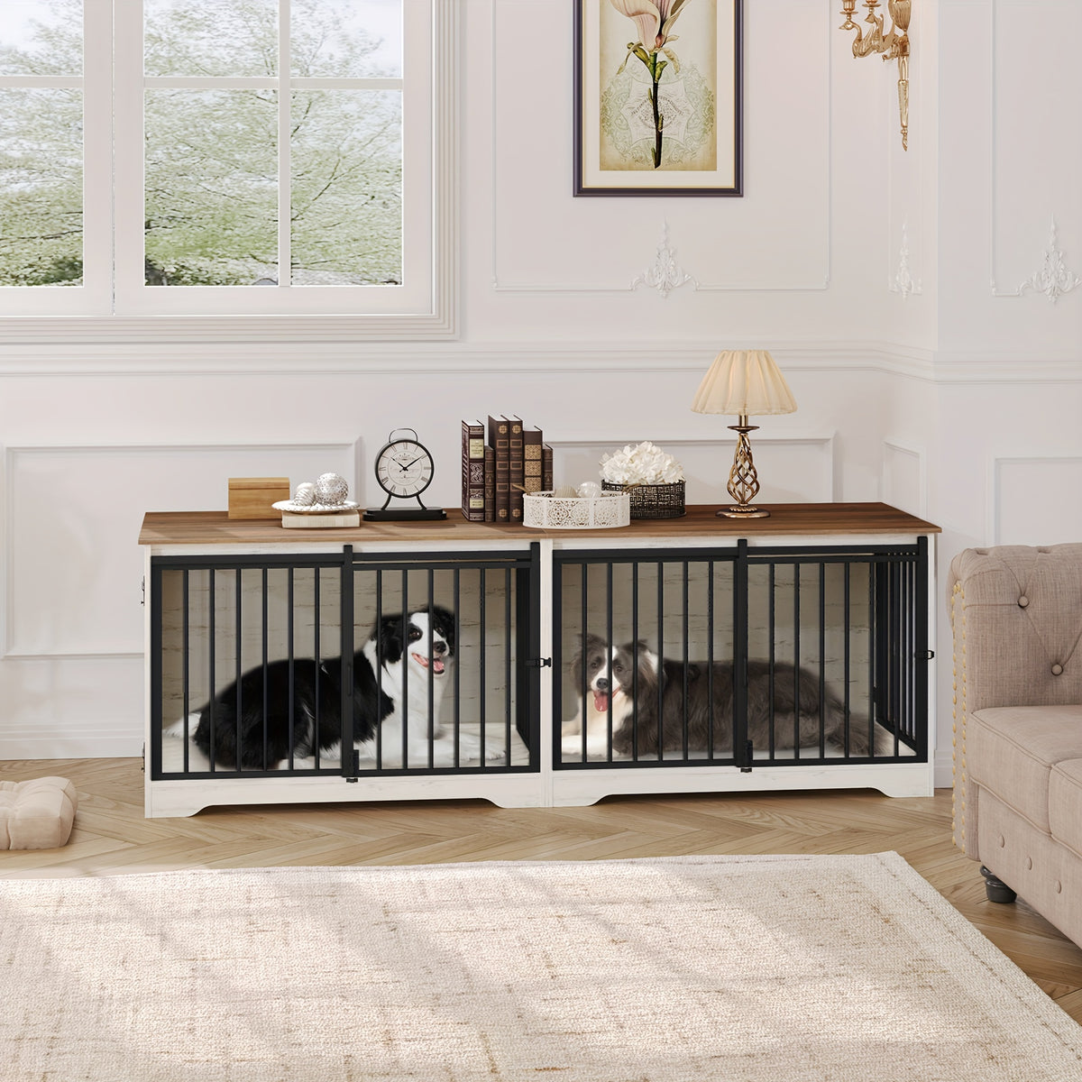 78" Dog Crate Furniture with Divider, Dog Crate Barn Door, Dog Kennel Indoor, Wood Dog Crate for 2 Dogs Small/Medium/Large Dog, End Side Table, Anti-Chew Anti-Escape