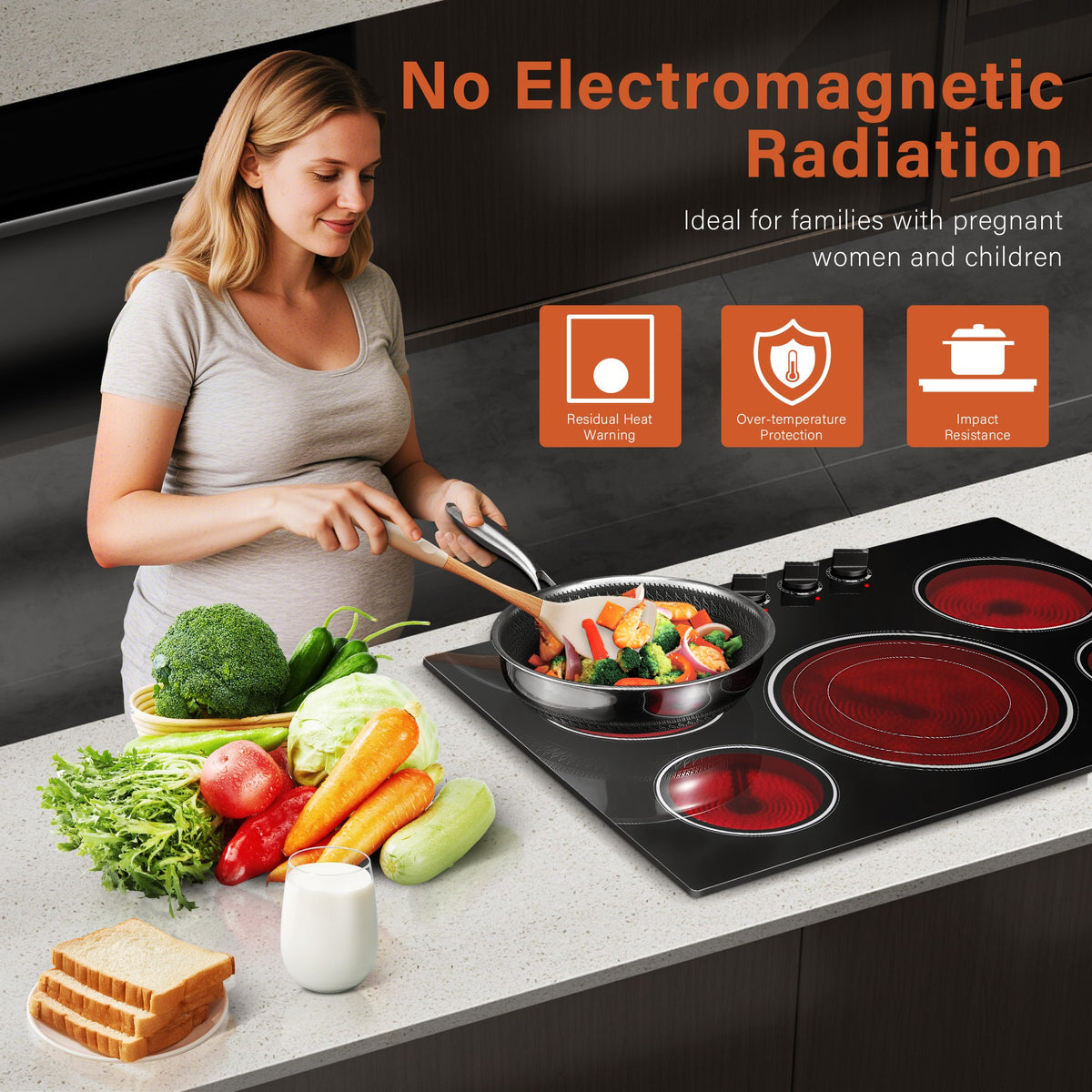 5 Burner Countertop Electric Cooktop, 30 Inch Built-in Ceramic Stove Top, 30" Radiant Electric Stove Top With Knob Control, Hot Surface Indicator, 9000W, 220V-240V Hard Wire(No Plug)