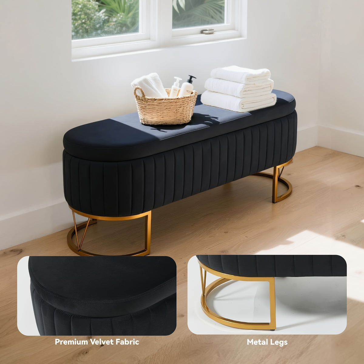 Modern 46”/46.5” (depending on orientation) Oval Velvet Storage Bench with Hinged-Lid Mechanism & Flip-Top Lid - Plush Upholstered Ottoman for End of Bed, Entryway, Living Room - Wood Frame & Luxury Design, Space-Saving Furniture (Standalone)