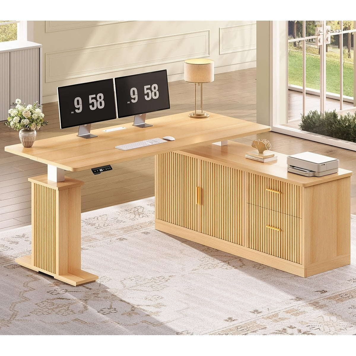L-Shaped Standing Desk with Farmhouse Styling and Height Memory for an Organized Home Office